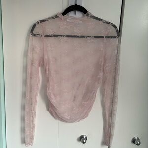 All in Favor Pale Pink Sheer Lace Long-Sleeve Top